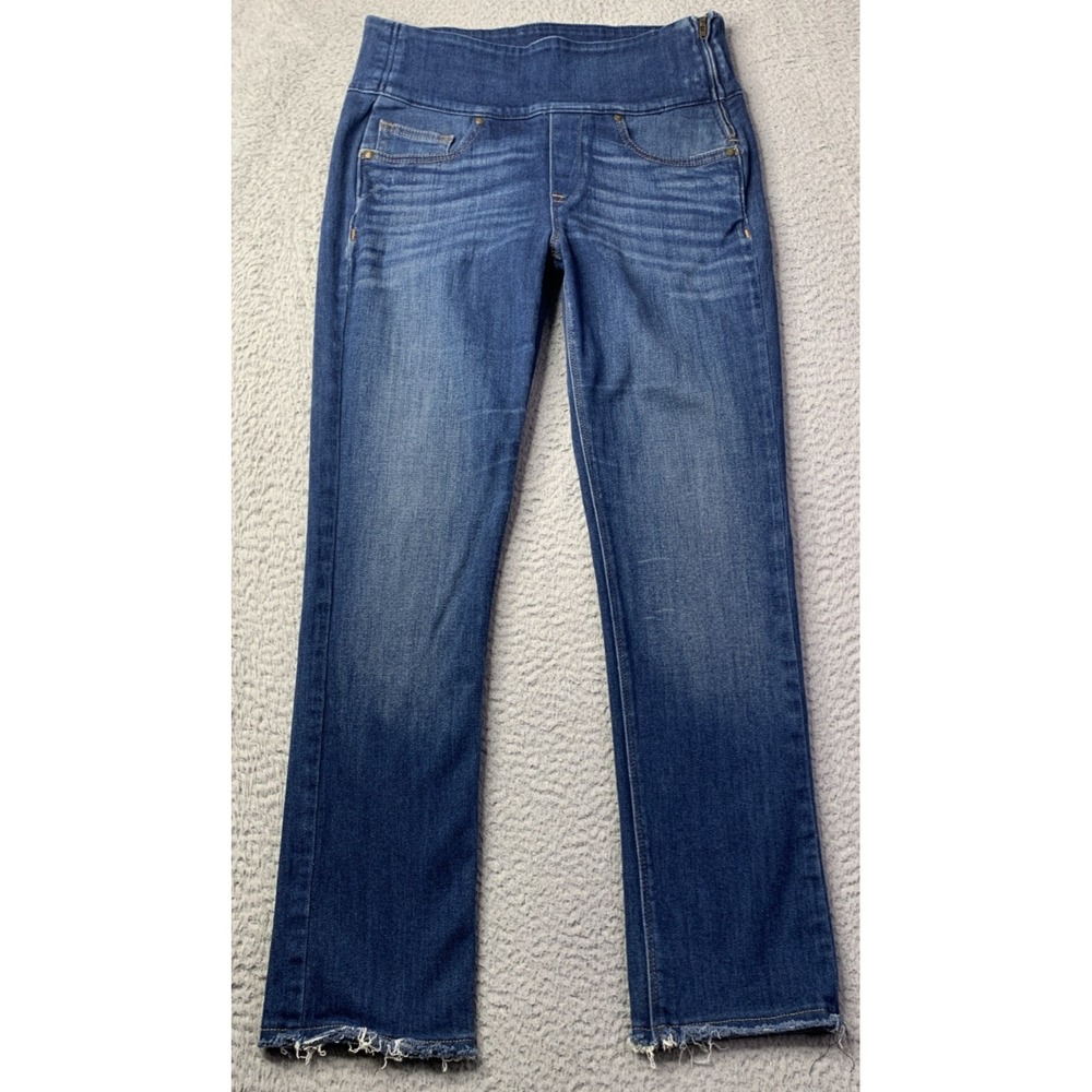 Spanx Jean Women 27 The Signature Straight Medium Wash Pull On Side Zip Raw Hem